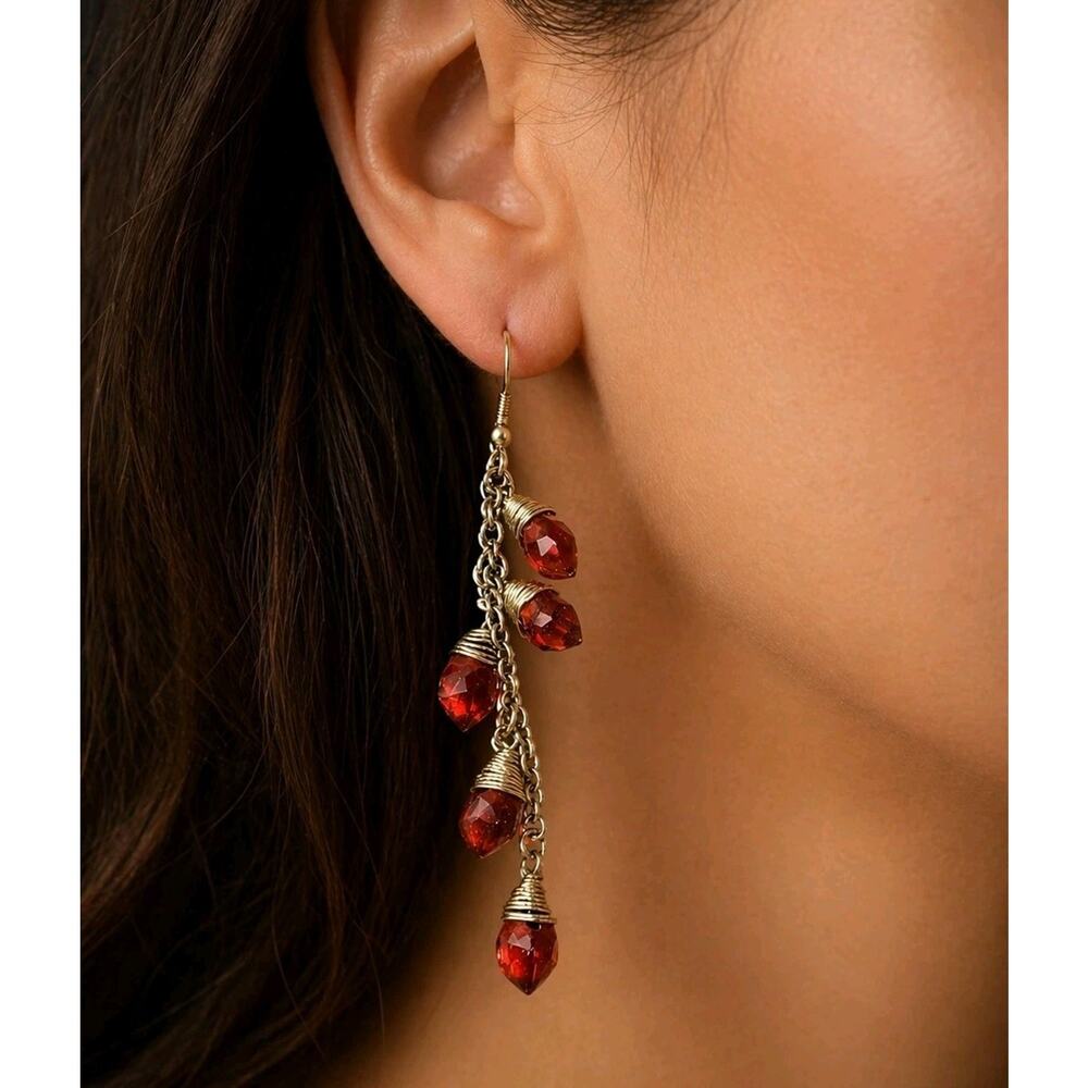 Vintage 3" Long Dangle Crystal‎ Pierced Earrings Silver & Red Glass rp-67